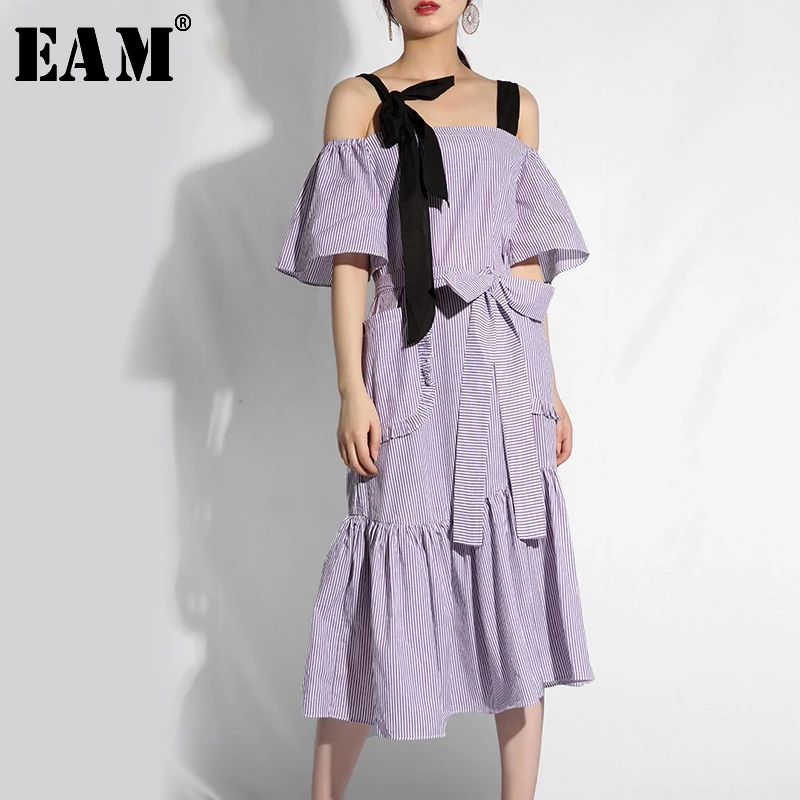 

[EAM] 2019 New Spring Summer Off Shoulder Striped Big Pocket Split Joint Bandage Bow Pleated Dress Women Fashion Tide SM122018