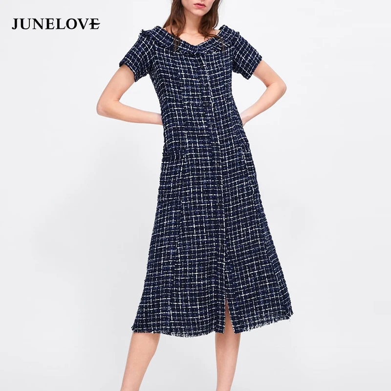 

JuneLove Women Short Sleeve Tweed Dress Vintage Plaid Female Sexy Split Long Dress Casual Retro Lady Button Maxi Dress Vestidos