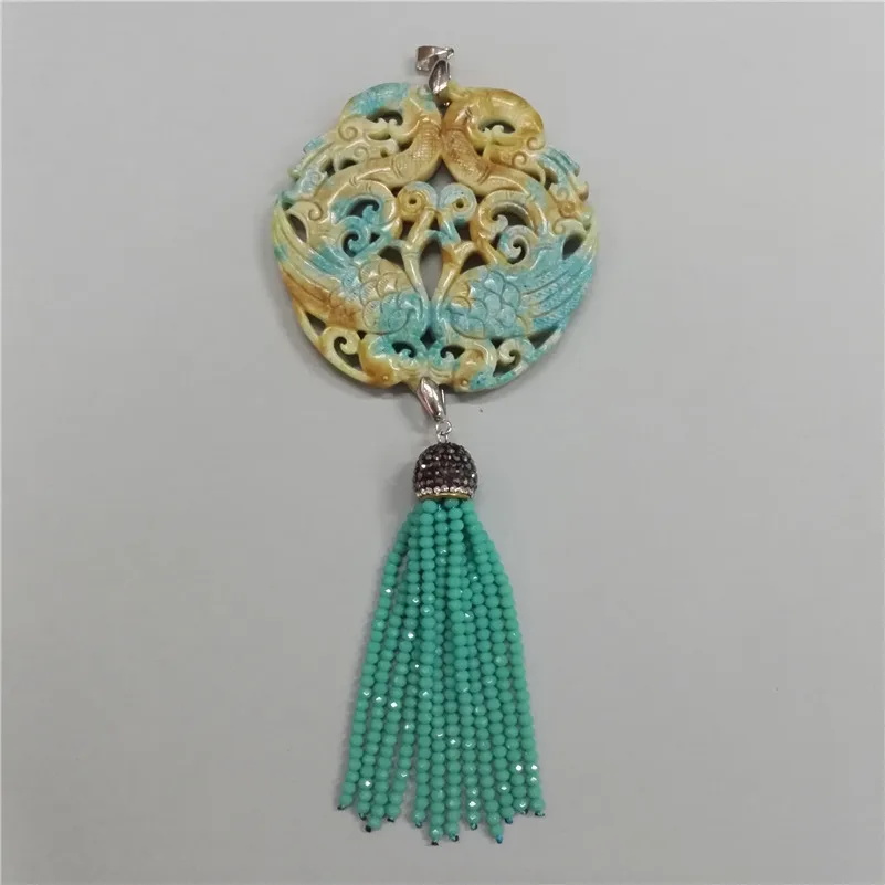 Амулеты классический традиционный китайский древний винтажный узор желтый камень мятно-зеленый бисером кисточкой цепочка из гематита кулон ожерелье