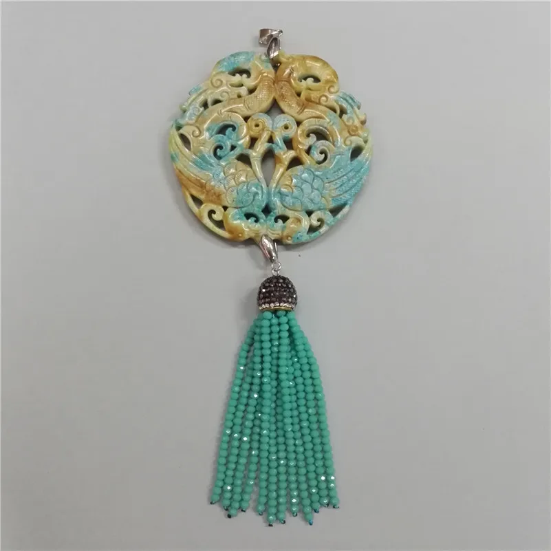 

charms Classic Traditional Chinese Ancient vintage Pattern yellow stone mint green beaded tassel hematite chain Pendant necklace