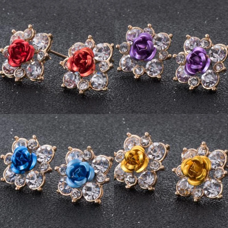 High Quality Rhinestone Flower Crystal Stud Earrings For Women Party Rose Pink Blue Romantic Boho Fashion Jewelry | Украшения и