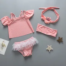 Купальник для девочек летние пляжные детские Двойка купальники весна милый розовый Разделение юбка Стиль бикини костюм с повязкой на голову