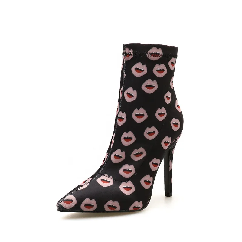 

HOT Sale Stilettos Women Boots Shoes Zipper Boots Red Lips Short Boots Thin heel Fashion Pointed toe Sexy High Heels 10CM Shoes