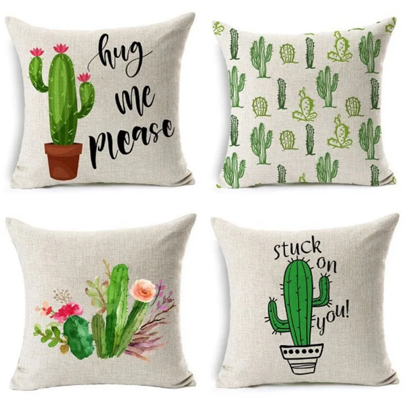 

Succulents Cactus Cushion Cover Linen Cotton Lovely Tropical Green Plant Sofa Pillow Cover Home Decor Pillow Case