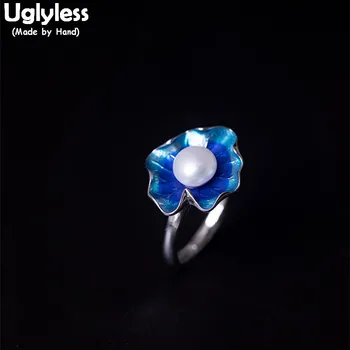 

Uglyless 100% Real Natural Pearls Finger Rings for Women Ethnic Enamel Blue Lotus Leaf Open Rings 925 Sterling Silver Fine Jewel