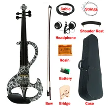 Средние электрические художественные скрипки, полноразмерные 4/4 черно-белые цветы, твердые деревянные эбеновые крепления, бесшумные скрипки с бантом