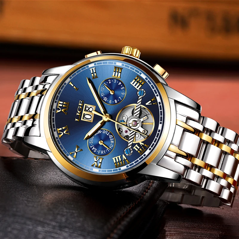 LIGE Mens Business Mechanical Watches Men's Brand Luxury Waterproof Automatic Watch Men All Steel Date Week Tourbillon Clock+Box