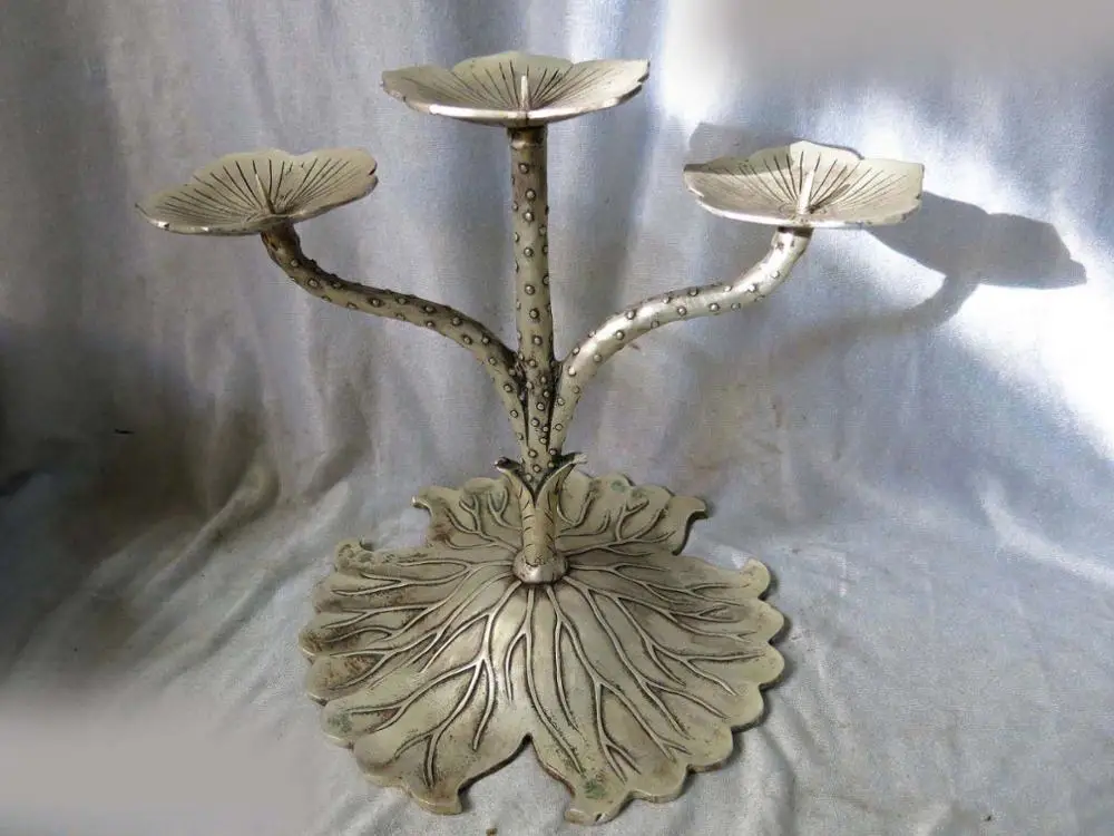 

DS 10" China silver beautiful carved three lotus leaf fine candle-holder Statue
