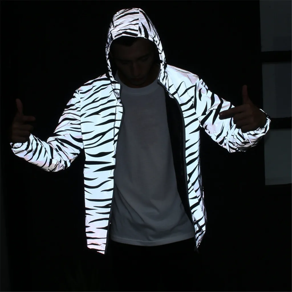 

2019 3M Reflective Light Jacket Men Mesh Style Noctilucent Zebra Jackets Hip Hop Streetwear Skateboard Waterproof Coat Outwear