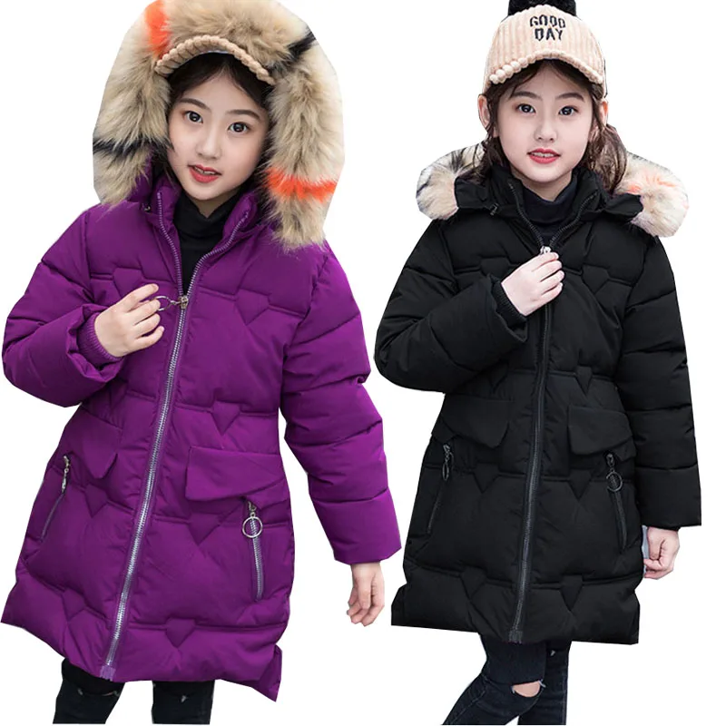 

Children Padded Jackets Girls Down Coat Long Warm Teenage Outwear Girl Winter Coats with Fur Hooded Size 6 8 10 12
