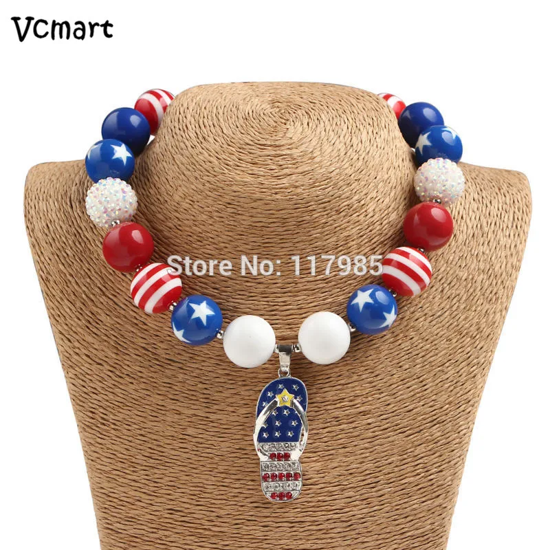 Vcmart July 4th Patriotic US Flag Design 2Pcs Kids Chunky Necklace Cartoon Slipper Rhinestone Pendant Toddler Bubblegum | Украшения и
