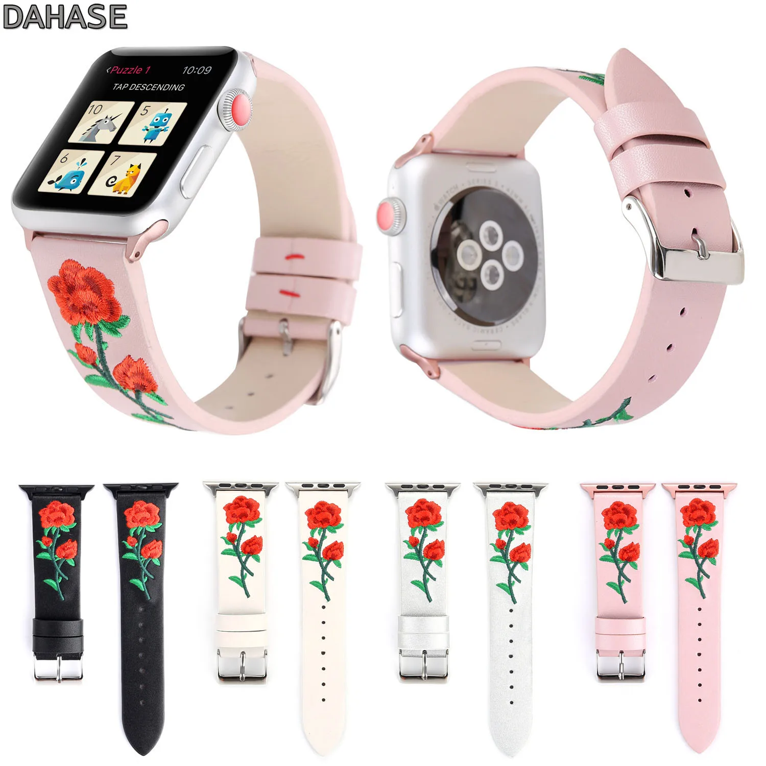DAHASE вышитый цветок розы из натуральной кожи ремешок для Apple Watch 38 мм 42 ремень