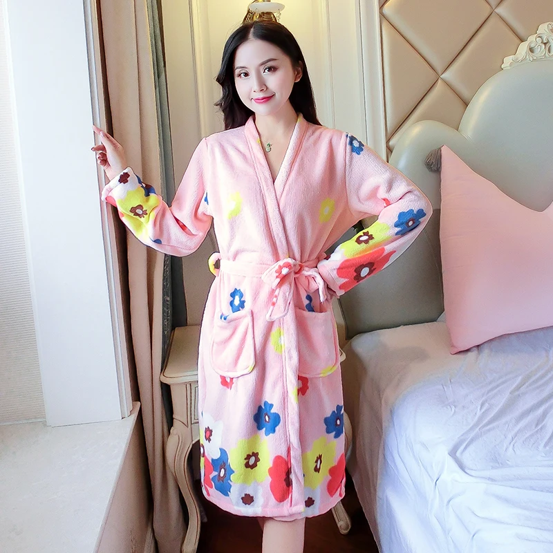 Winter Bathrobe Women Pajamas Bath Flannel Warm Robe Sleepwear Womens