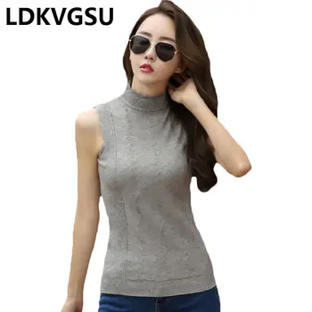 

2019 Spring Autumn New Female Half Turtleneck Bottoming Knit Vest Solid Color Slim Women Short Sleeveless Sweater Tops Is1661