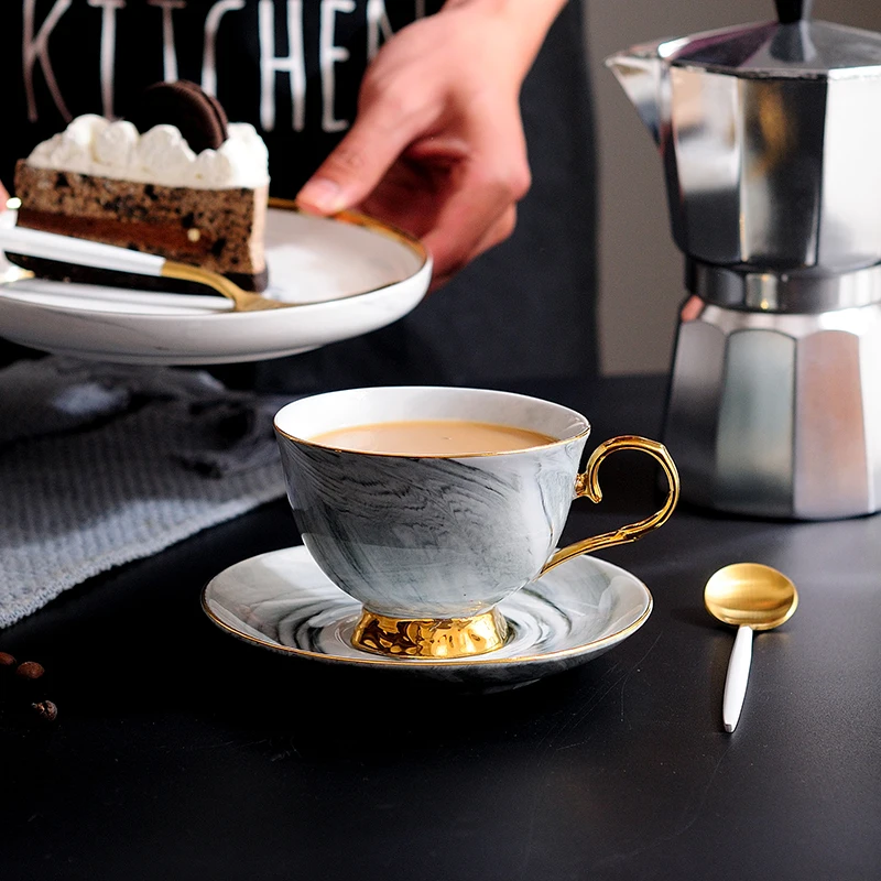 

300 ml luxury marble ceramic coffee tea Cups and Saucers with gold handle for gift