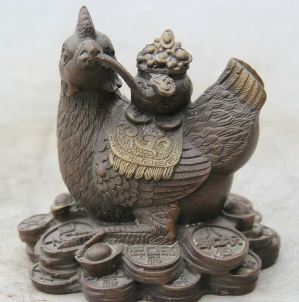 

006203 6" China Bronze Gild Wealth Zodiac Year Rooster Cock Ru Yi treasure bowl Statue