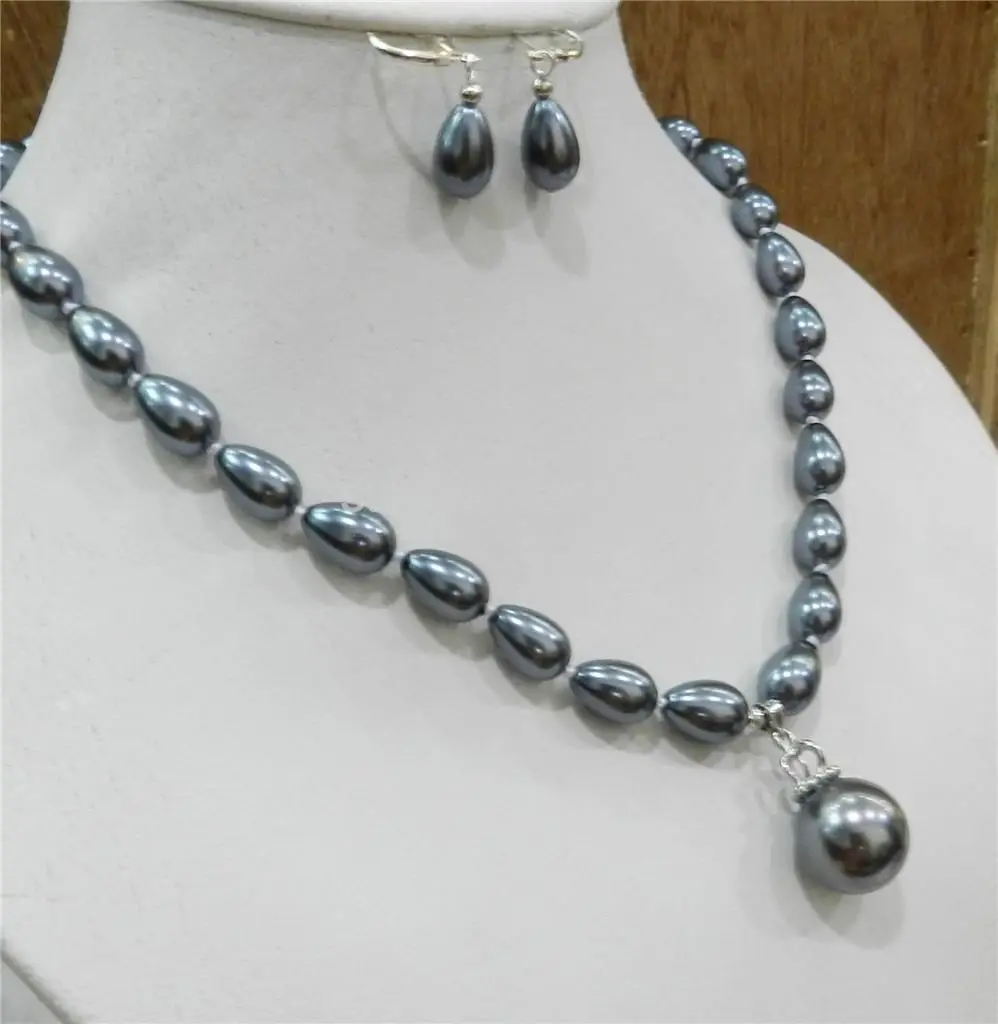

very good Teardrop Dark Gray Akoya Cultured Shell Pearl Necklace Earring & 16mm Pendant SET Silver hook Wholesale Natural S