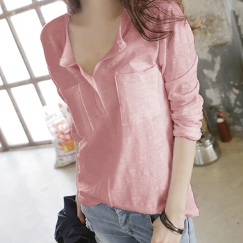 

100% cotton 2018 new women pocket t-shirts solid comfortable loose casual t-shirt tops tees
