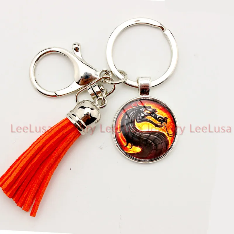 Mortal Kombat Dragon charm keychain Glass Dome Tassel Keychain key ring