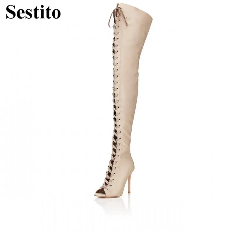 

Newest European Black Peep Toe Cross-tied Thigh High Boots Over-the-Knee Boots Women Thin Heels Zip Women Shoes Spring/Autumn