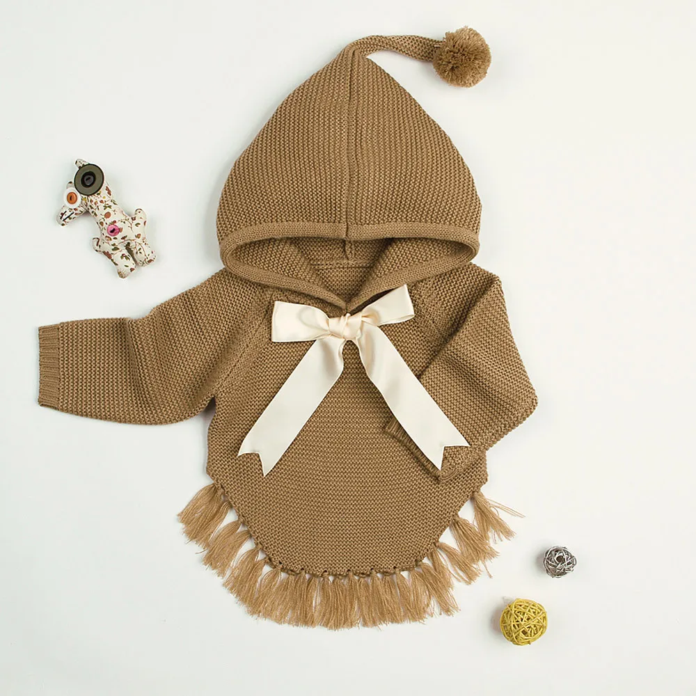 Winter Newborn Red jacket Infant Baby Boys Girls Bow Tassel Knitted Long Sleeve Hooded Tops Sweater Outfits Fringed hooded