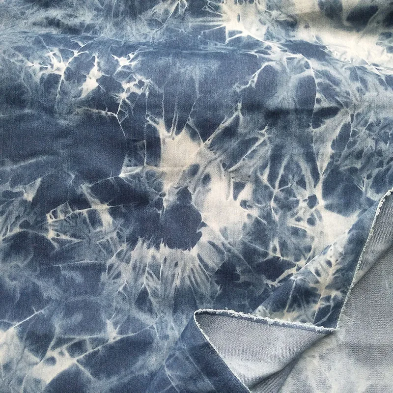 Good Tie-dyed Denim Cotton fabric Middle Blue Stretch Denim Fabric Pattern Part Dyed Denim Sewing Material DIY Pants Clothing