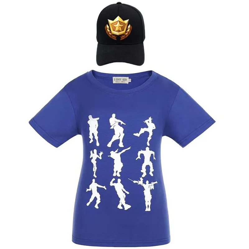 Футболки с героями мультфильмов для мальчиков бейсбольная кепка «Battle Royale», хлопковые топы для девочек с принтом «Like A Boss», детская одежда, костюм+ Кепка, футболки - Цвет: 01blue-cap