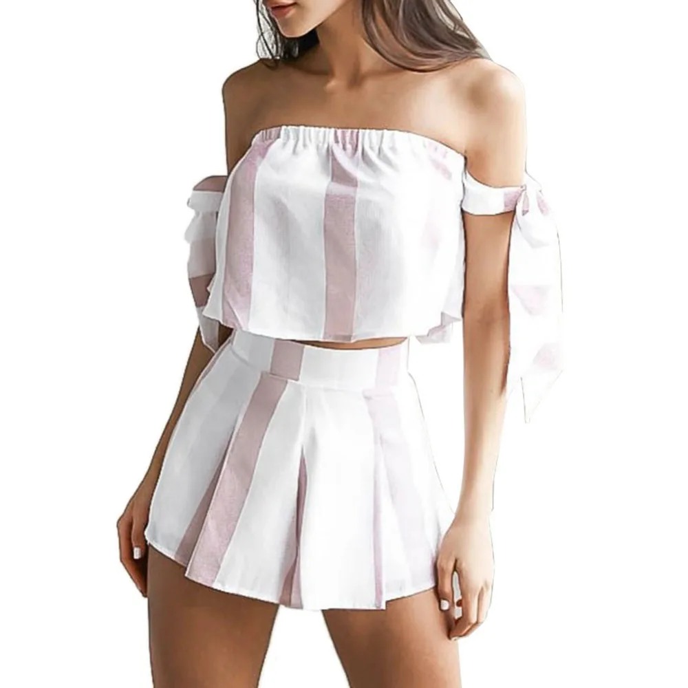 Women Summer Fashion Off Shoulder Organza Striped