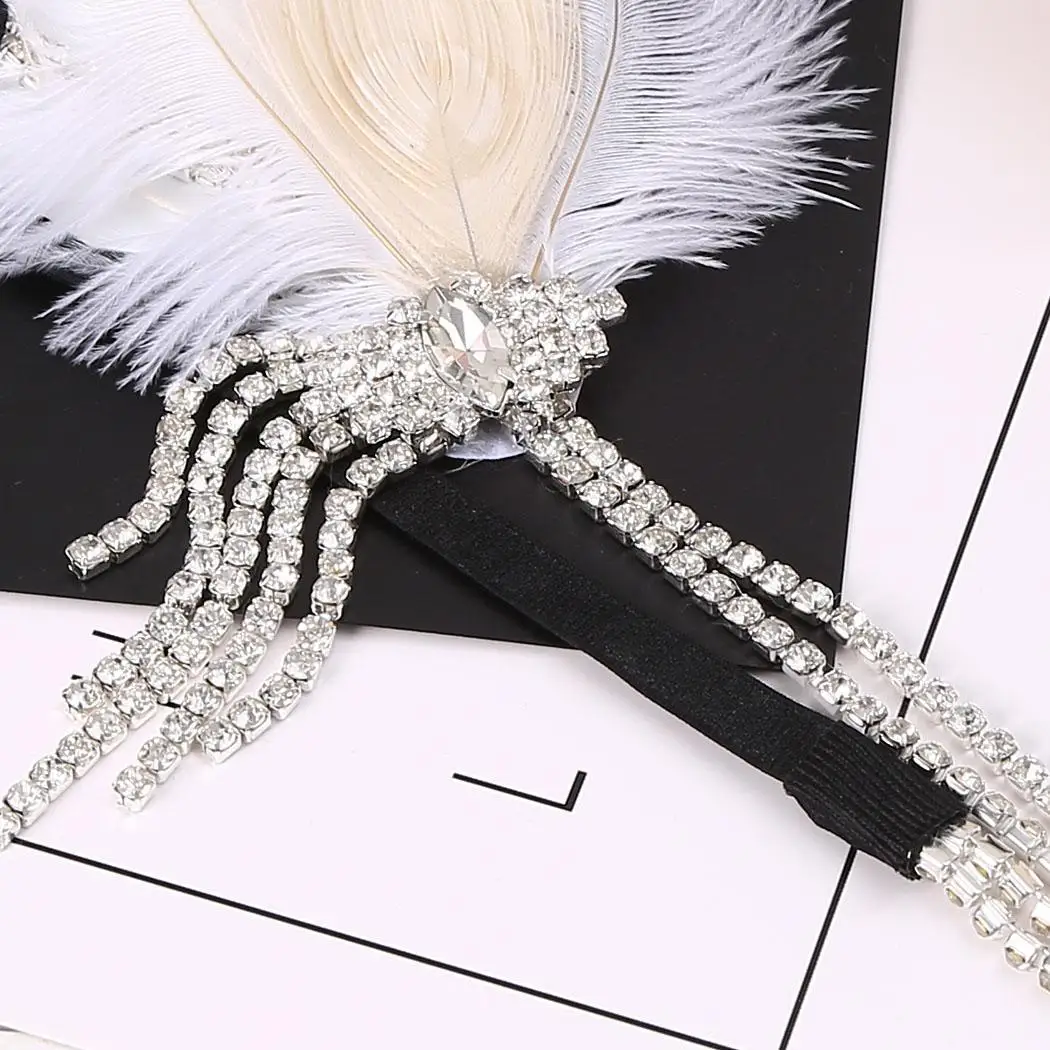 

1920s Women Vintage Style Party Rhinestone Feather Flapper Headband Bridal Headpiece Feather Rhinestone White