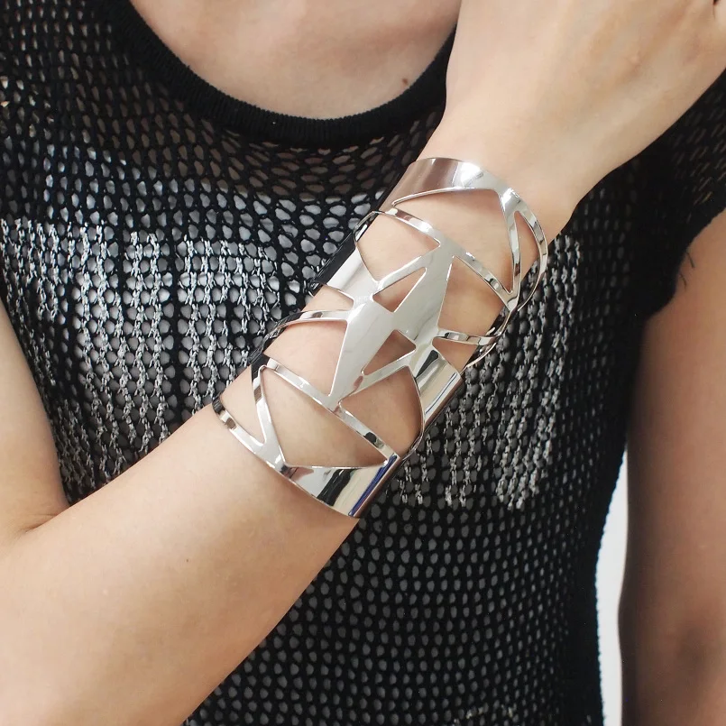 UKMOC геометрический Браслет-манжета из сплава гладкая поверхность дизайнерский браслет широкий открытый украшенный полый металлический браслет браслеты