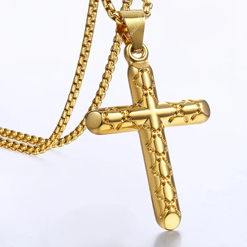 Mens Womens Cross Pendant Necklaces Carved Rope Religious Gold Pendants