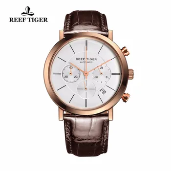 

Reef Tiger/RT Ultra Thin Business Watches for Men Rose Gold Leather Strap Watches Quartz Chronograph Watches with Date RGA162