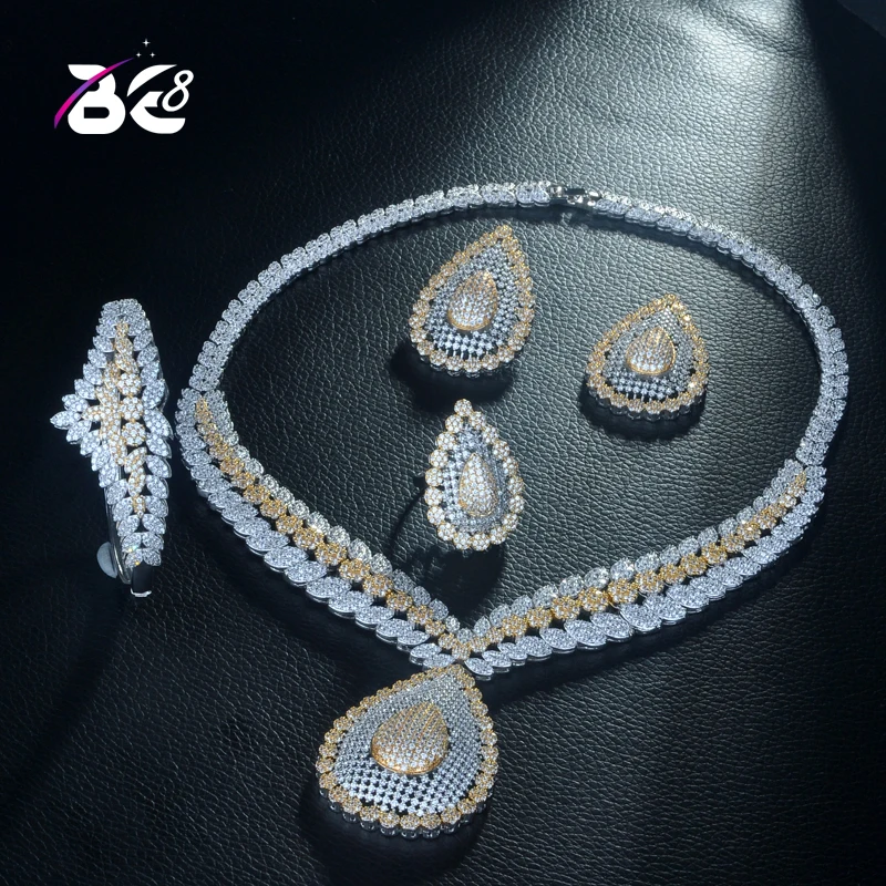 Be 8 2 Tones Copper Cubic Zirconia Wedding Jewelry Set Dubai Bridal 4pcs Necklace Bracelet Earring Ring Bijoux Femme S305 | Украшения и