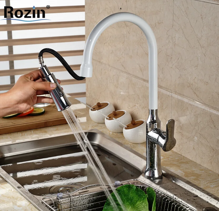 Deck Mount Chrome Brass Pull Out Sprayer Kitchen Sink Faucet White One Handle Mixer Tap W/ Hot Cold Water