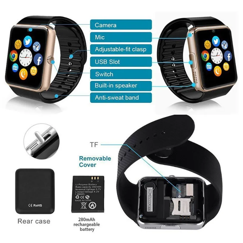 Bluetooth GT08 Смарт часы Сенсорный экран большая батарея часов поддержка TF sim-карты камера Smartwatch для IOS iPhone Android телефон