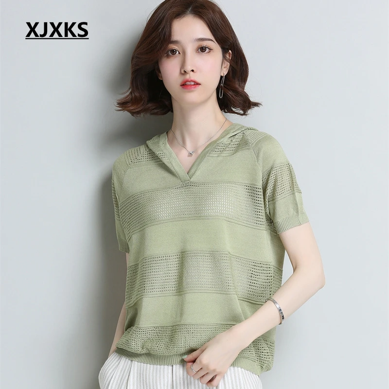 

XJXKS Knitted T-shirt 2019 New Summer Women T Shirt Fashion Hollow Knitted Short Sleeves Tees Top Hoody Female Casual T-shirt