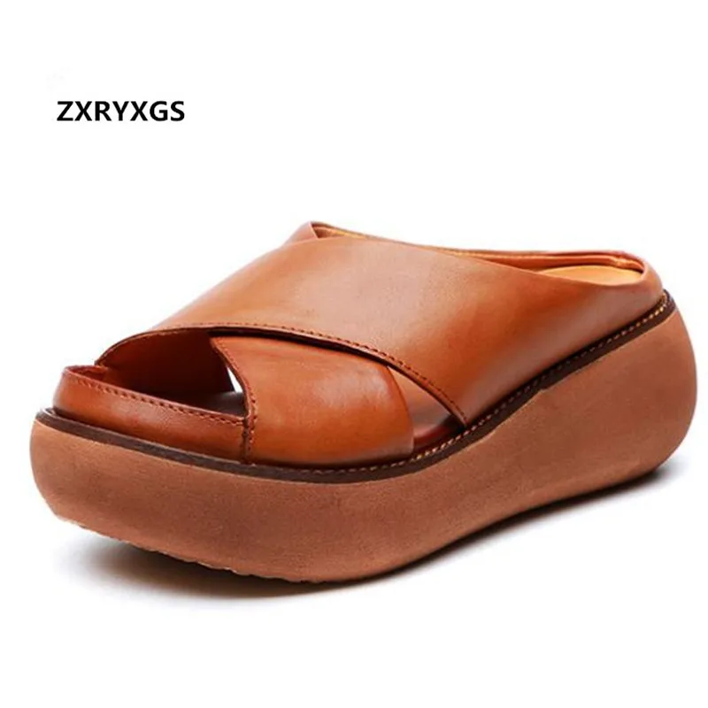 

Light Comfort Retro Summer Slipper Women Sandals 2019 New Summer Cowhide Leather Sandals Wedges Sandals Fashion Casual Sandals