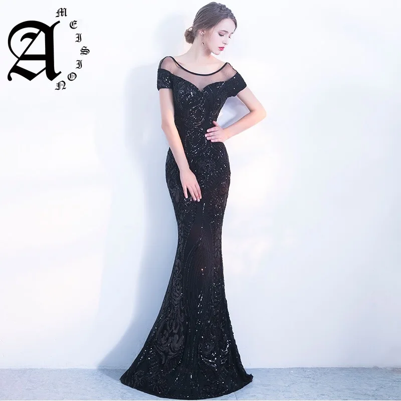 

Black Sequins Slim Prom Dress Elegant Backless Long Evening Dress Mermaid noble Party gown
