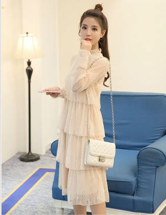 Popular New Fashion Korean Vintage Multilayer Pleated Mesh Dress High Waist Ruffles Long Sleeve Casual Midi Dress Women Dress 14