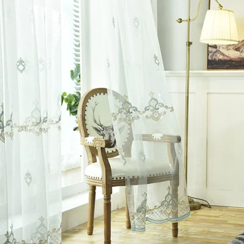 

European Tulle Curtains Flower Pattern Embroidered Voile Kitchen Neoclassical Window Curtain Living Room