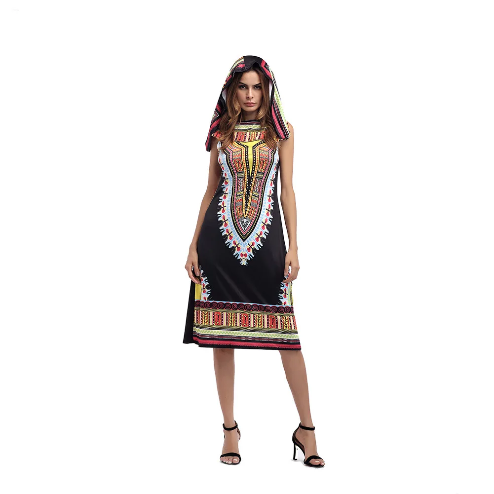 2018 Women Dress Suits Printed Geometric Hooded sleeveless summer printing hooded skirt female fashion national style Dress