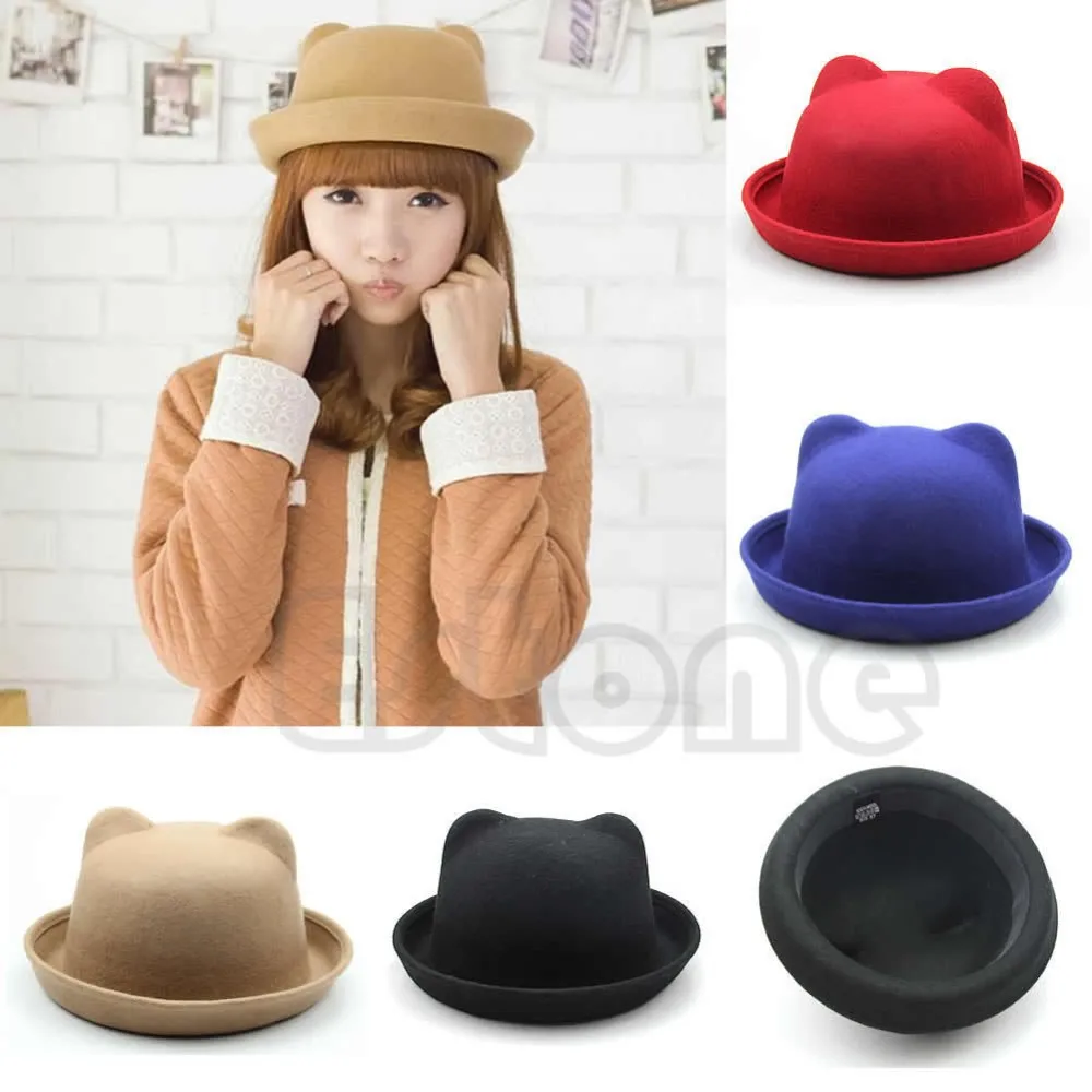 

Fashion Winter Fashion Women Devil Hat Cute Kitty Cat Ears Wool Derby Bowler Cap