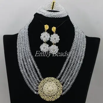 

2015 Smart Clear White African Wedding Beads Necklace 6 Layers Costume Nigerian Crystal Beads Jewelry Set Free Shipping AIJ366