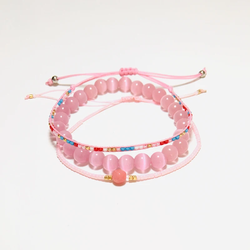 

Fashion Natural Pink Opal Beads Bracelet Set For Girls Women Cute Small Seed Jewelry Summer Bracelets Bpho Weaving Braslet Gift