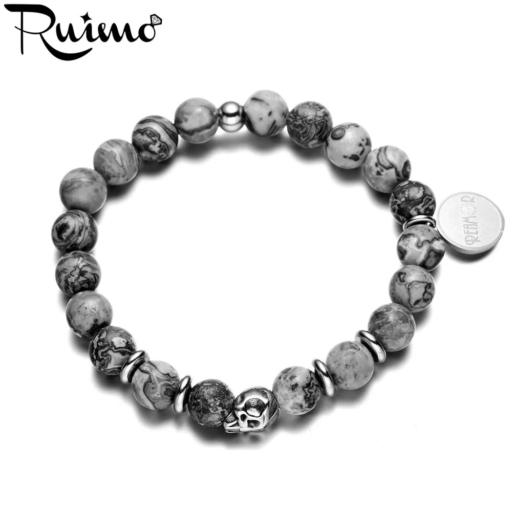 

REAMOR Brand Natural Gray Map Stone Bracelet Stainless Steel Skull Beads Bracelet with Logo Tags Elastic Strand Men Bracelets
