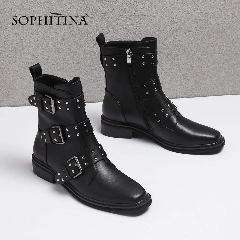 SOPHITINA New Fashion Genuine Leather Square Heel Women Boots Casual Outside Med Heel Shoes Basic Solid Ladies Ankle Boots SO224