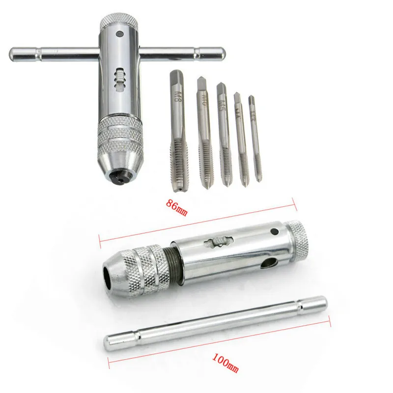 

Adjustable 3-8mm T-Handle Ratchet Tap Wrench With M3-M8 Machine Screw Thread Metric Plug Tap Machinist Tool