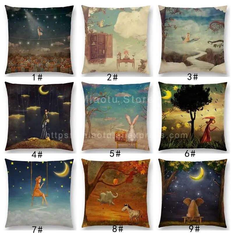 

Latest Mysterious Imagine Animals Forest Children Fantastic Clouds Sky Moon Stars Dream Fairy Tale Cushion Cover Pillow Case