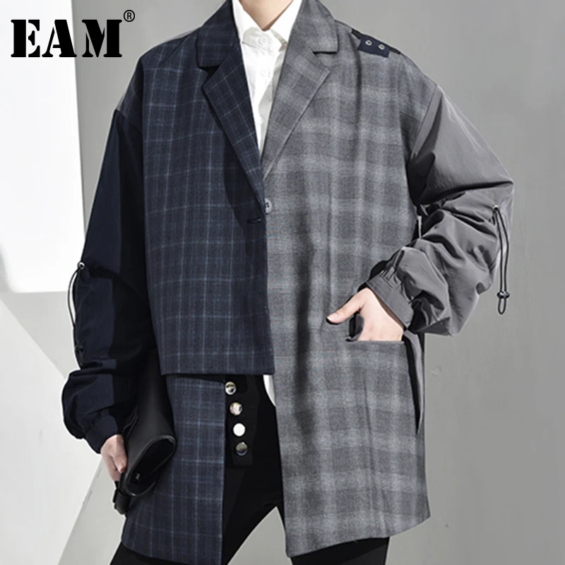 

[EAM] Women Blue Irregular Jacket Turn-down Collar Long Sleeve Plaid Printed Drawstring Coat Fashion 2019 Autumn Winter JQ2761