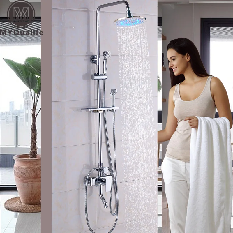

Polished Chrome Rainfall LED Color Changing Shower Mixer Faucet Kit with Bath Storage Shelf Toilet Sprayer Swivel Tub Spout